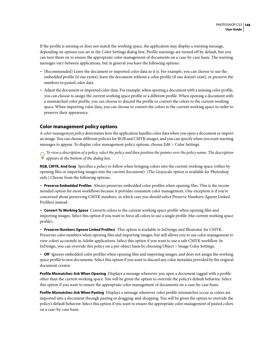 Color management policy options | Adobe Photoshop CS3 User Manual | Page 155 / 681