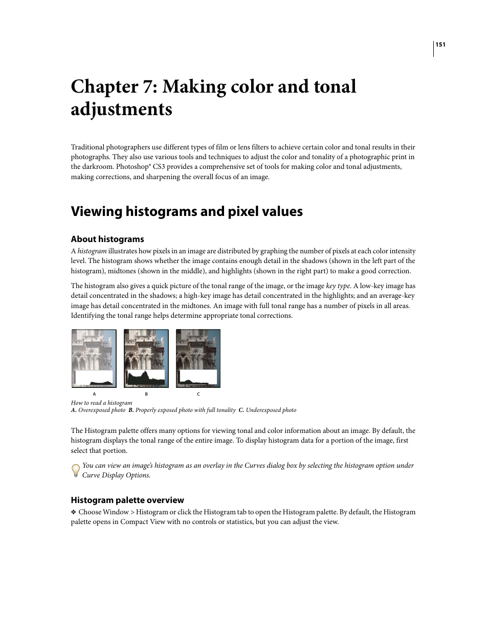 Chapter 7: making color and tonal adjustments, Viewing histograms and pixel values, About histograms | Histogram palette overview | Adobe Photoshop CS3 User Manual | Page 158 / 681