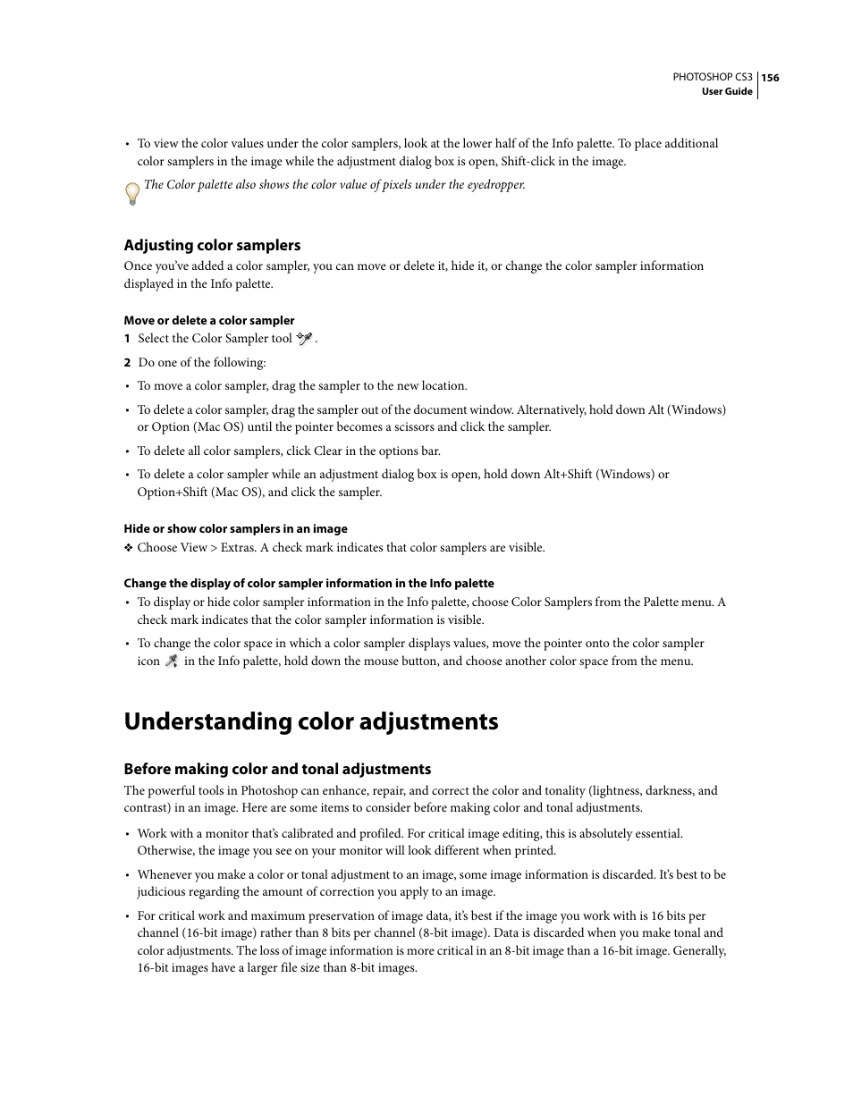 Adjusting color samplers, Understanding color adjustments, Before making color and tonal adjustments | Adobe Photoshop CS3 User Manual | Page 163 / 681