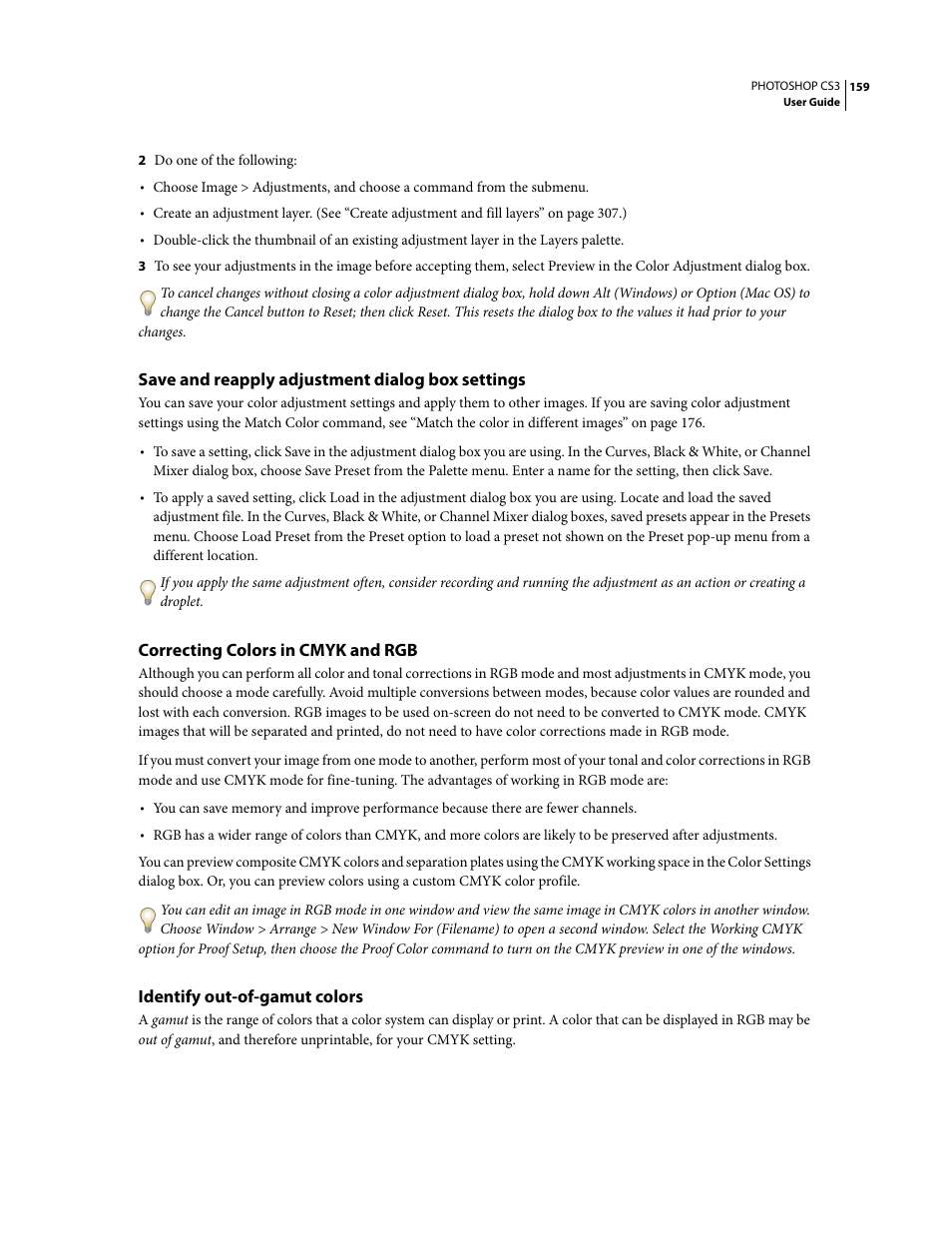 Save and reapply adjustment dialog box settings, Correcting colors in cmyk and rgb, Identify out-of-gamut colors | Adobe Photoshop CS3 User Manual | Page 166 / 681