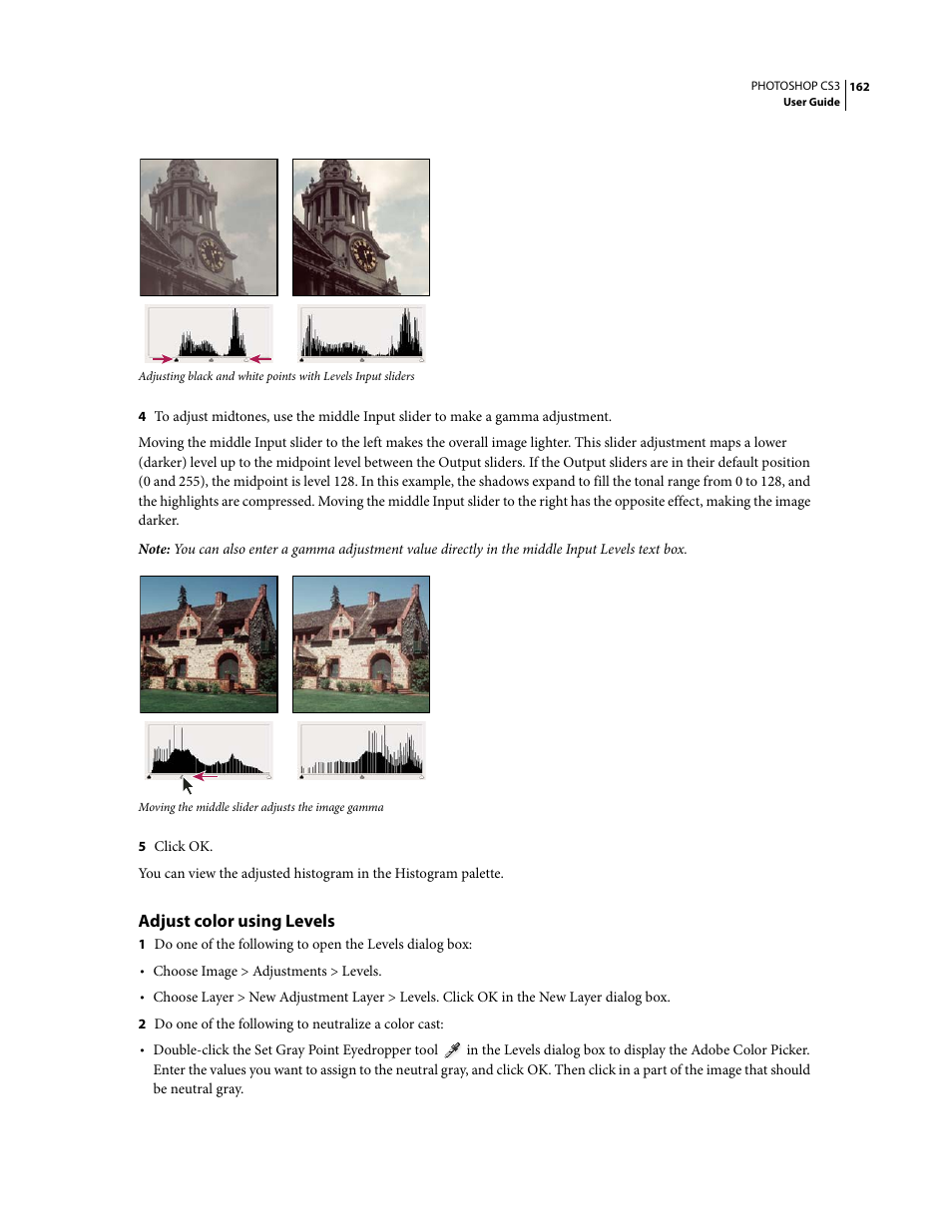 Adjust color using levels, E “adjust | Adobe Photoshop CS3 User Manual | Page 169 / 681