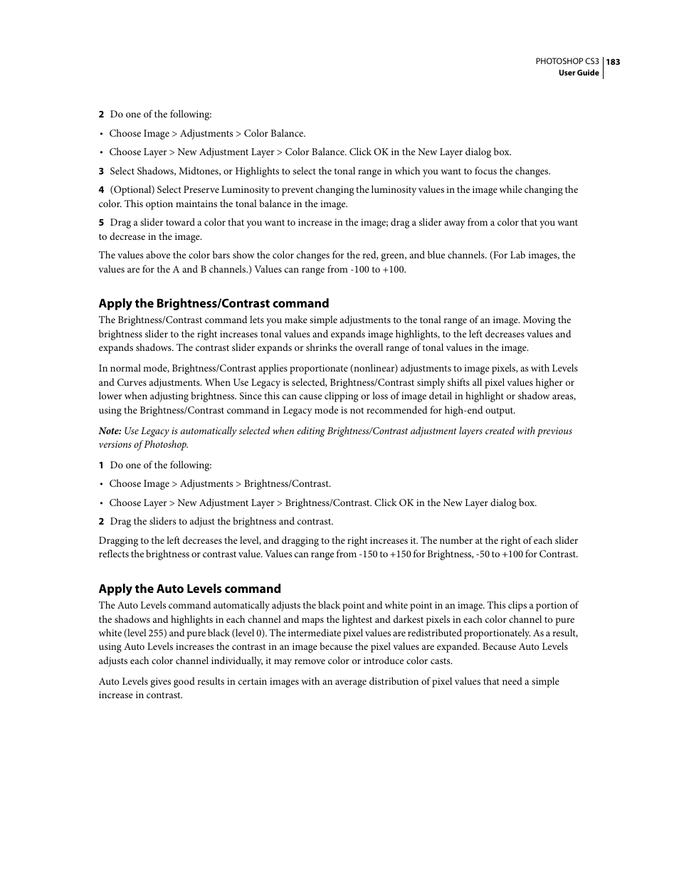 Apply the brightness/contrast command, Apply the auto levels command | Adobe Photoshop CS3 User Manual | Page 190 / 681
