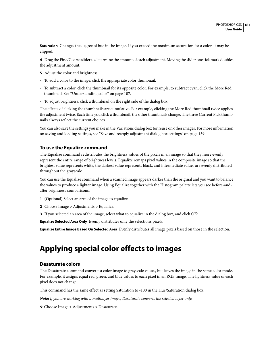 To use the equalize command, Applying special color effects to images, Desaturate colors | Adobe Photoshop CS3 User Manual | Page 194 / 681