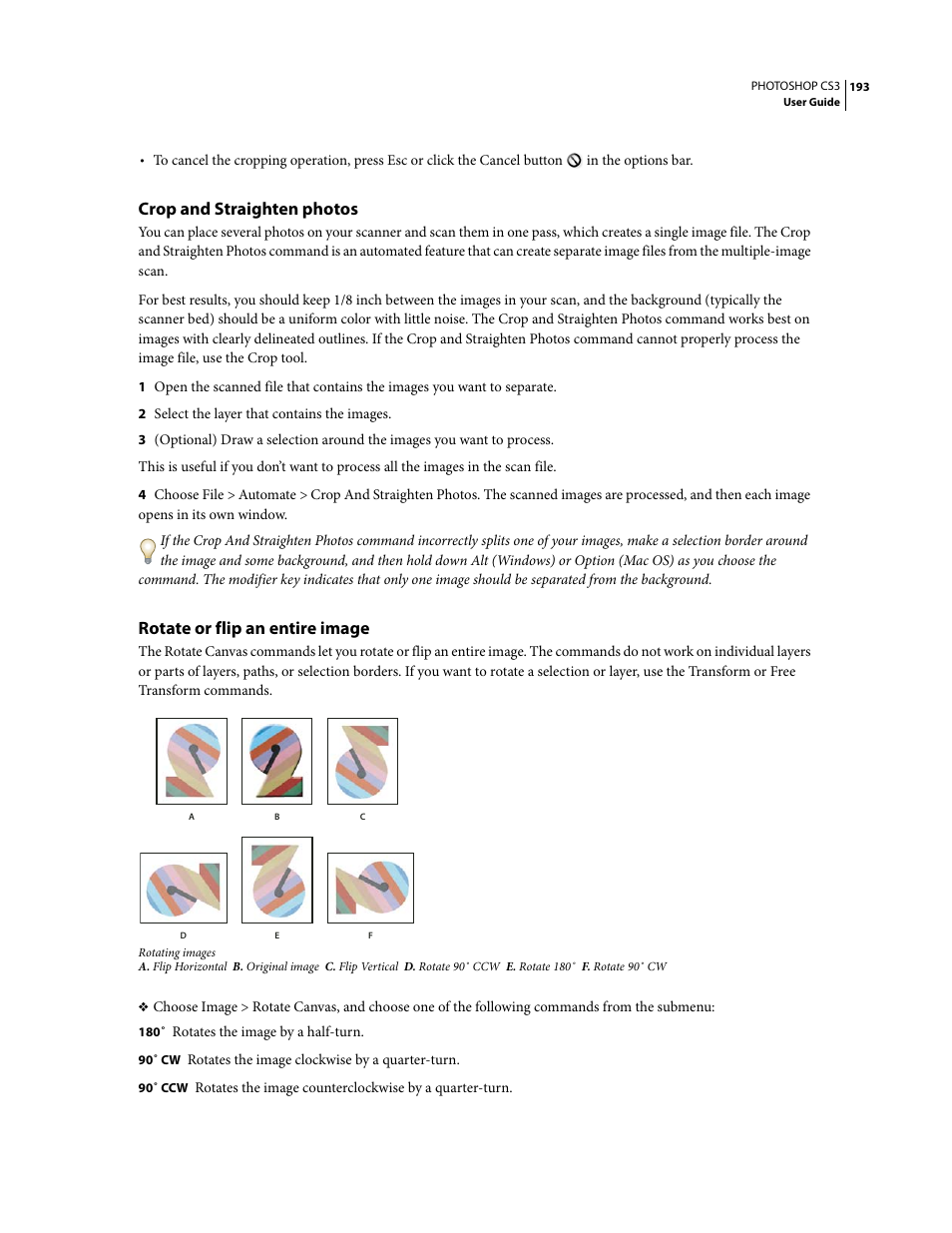 Crop and straighten photos, Rotate or flip an entire image | Adobe Photoshop CS3 User Manual | Page 200 / 681