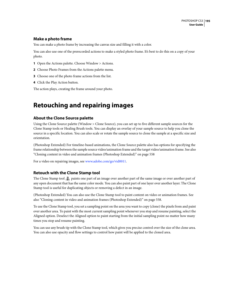 Make a photo frame, Retouching and repairing images, About the clone source palette | Retouch with the clone stamp tool | Adobe Photoshop CS3 User Manual | Page 202 / 681