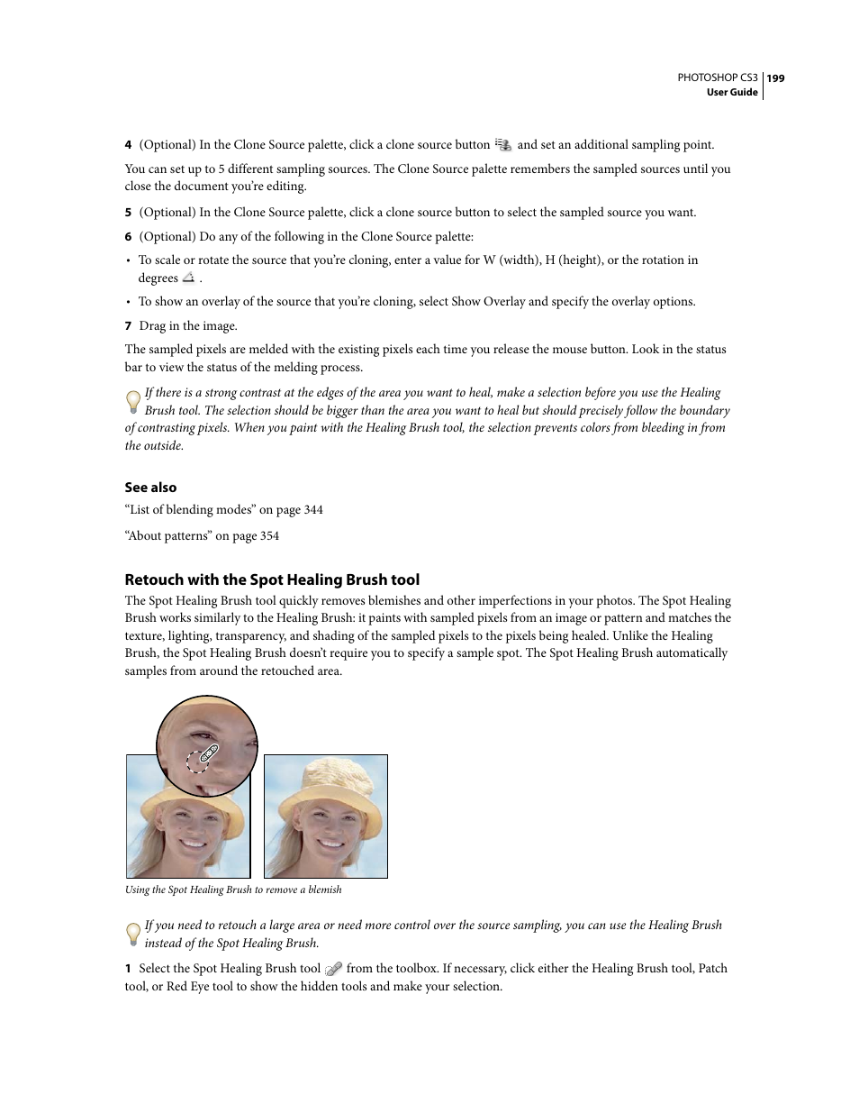 Retouch with the spot healing brush tool | Adobe Photoshop CS3 User Manual | Page 206 / 681