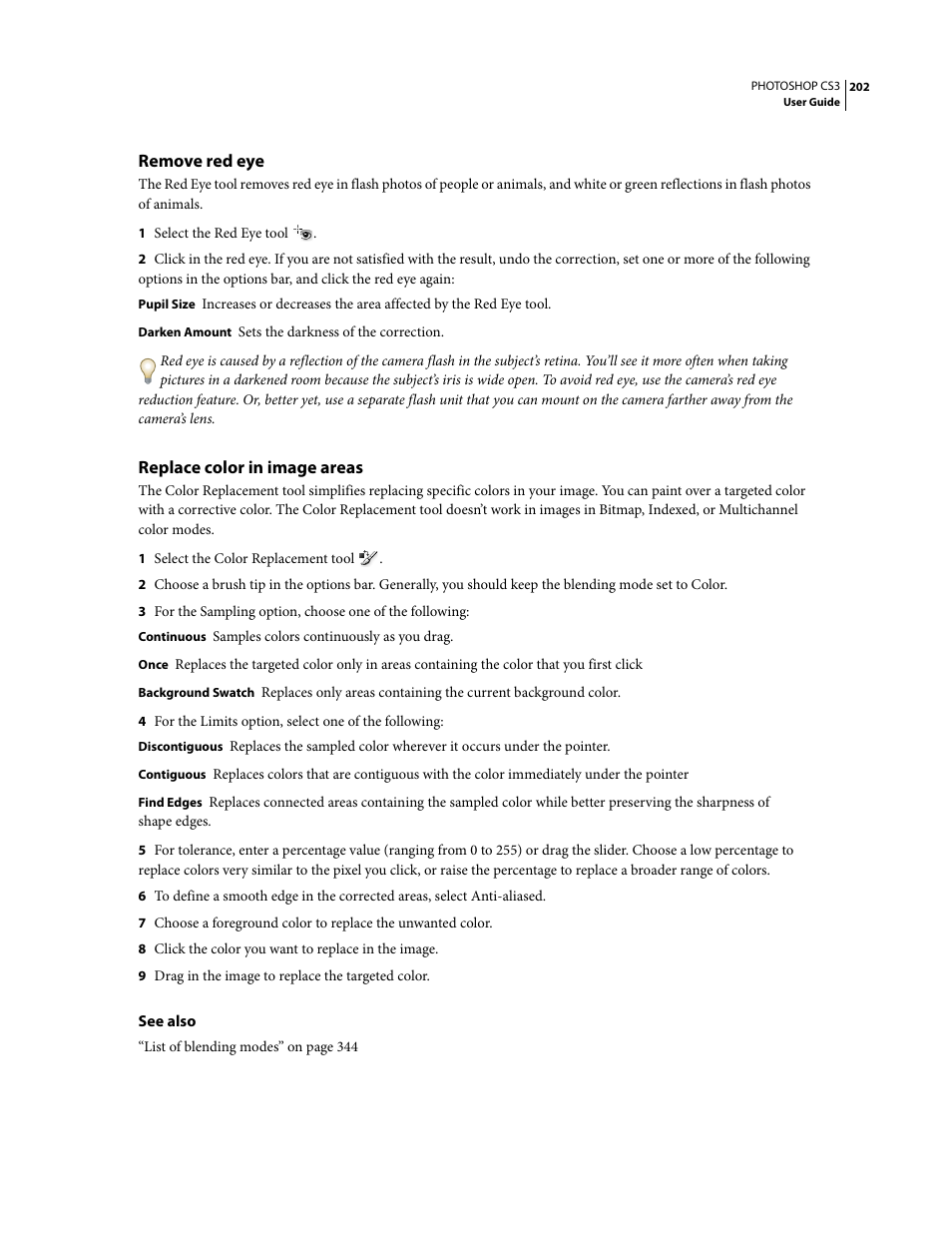 Remove red eye, Replace color in image areas | Adobe Photoshop CS3 User Manual | Page 209 / 681