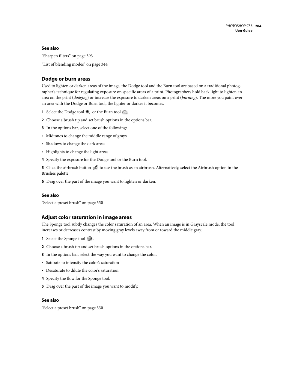 Dodge or burn areas, Adjust color saturation in image areas | Adobe Photoshop CS3 User Manual | Page 211 / 681