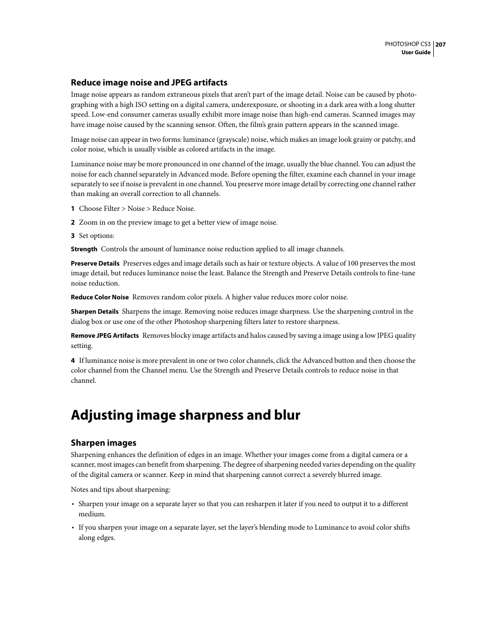 Reduce image noise and jpeg artifacts, Adjusting image sharpness and blur, Sharpen images | Adobe Photoshop CS3 User Manual | Page 214 / 681