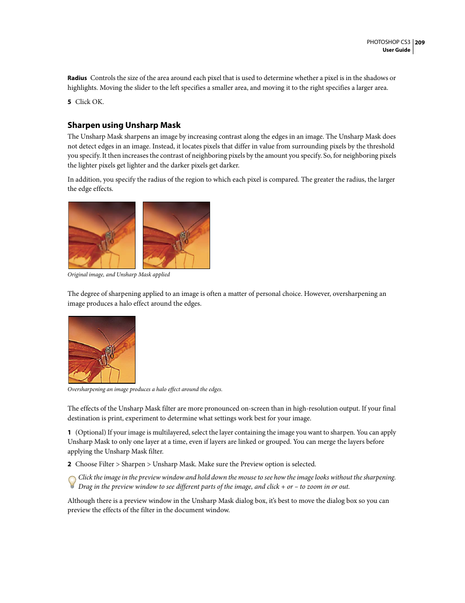 Sharpen using unsharp mask | Adobe Photoshop CS3 User Manual | Page 216 / 681