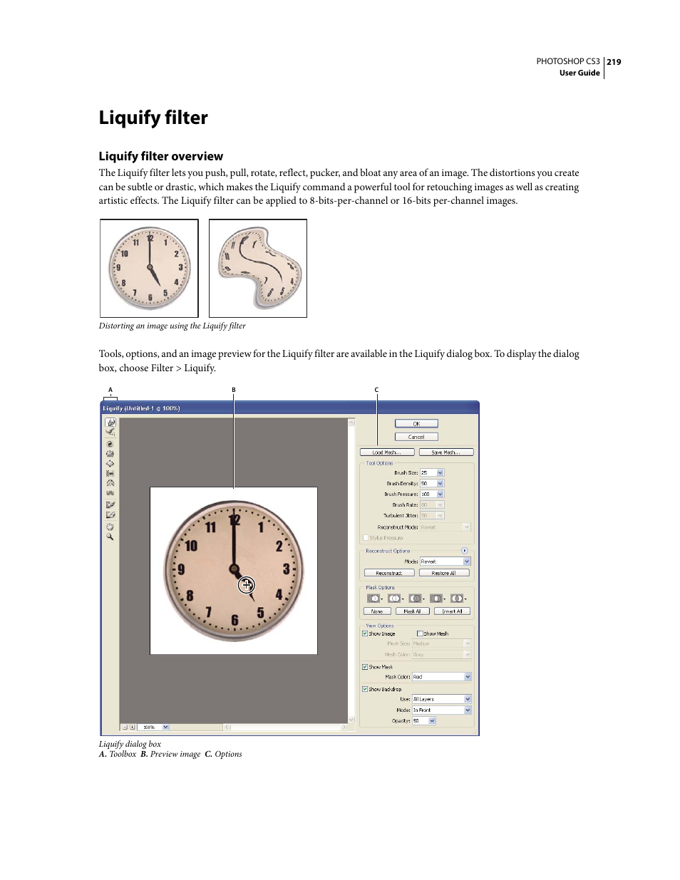 Liquify filter, Liquify filter overview | Adobe Photoshop CS3 User Manual | Page 226 / 681