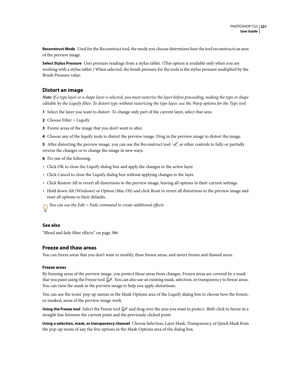 Distort an image, Freeze and thaw areas | Adobe Photoshop CS3 User Manual | Page 228 / 681