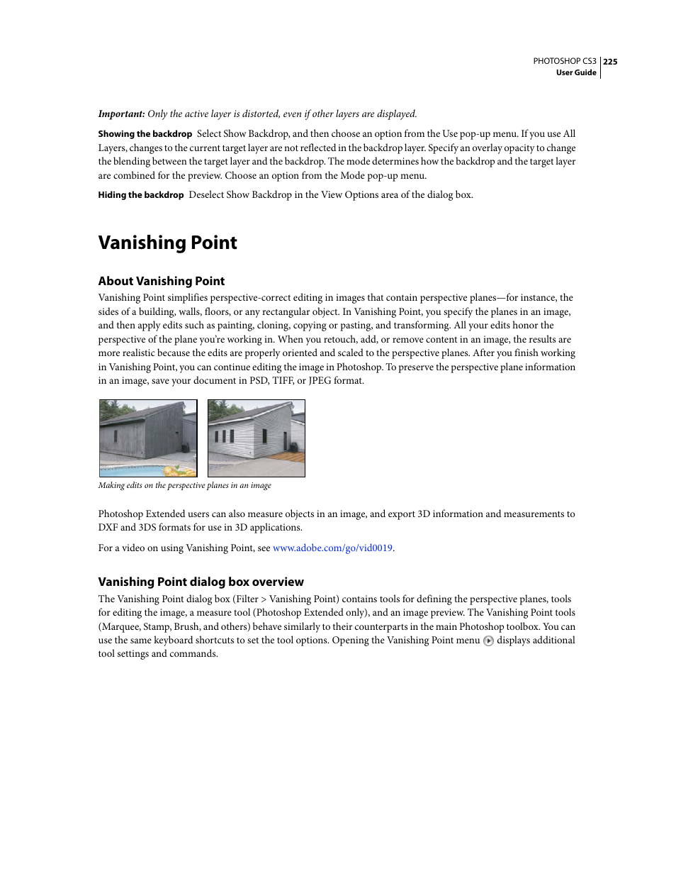 Vanishing point, About vanishing point, Vanishing point dialog box overview | Adobe Photoshop CS3 User Manual | Page 232 / 681