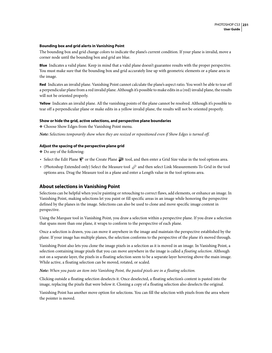 About selections in vanishing point | Adobe Photoshop CS3 User Manual | Page 238 / 681