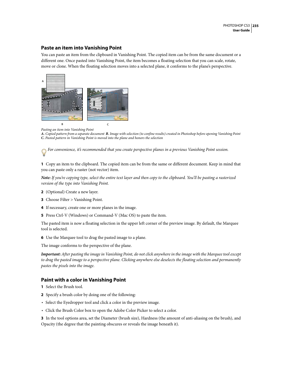 Paste an item into vanishing point, Paint with a color in vanishing point | Adobe Photoshop CS3 User Manual | Page 242 / 681