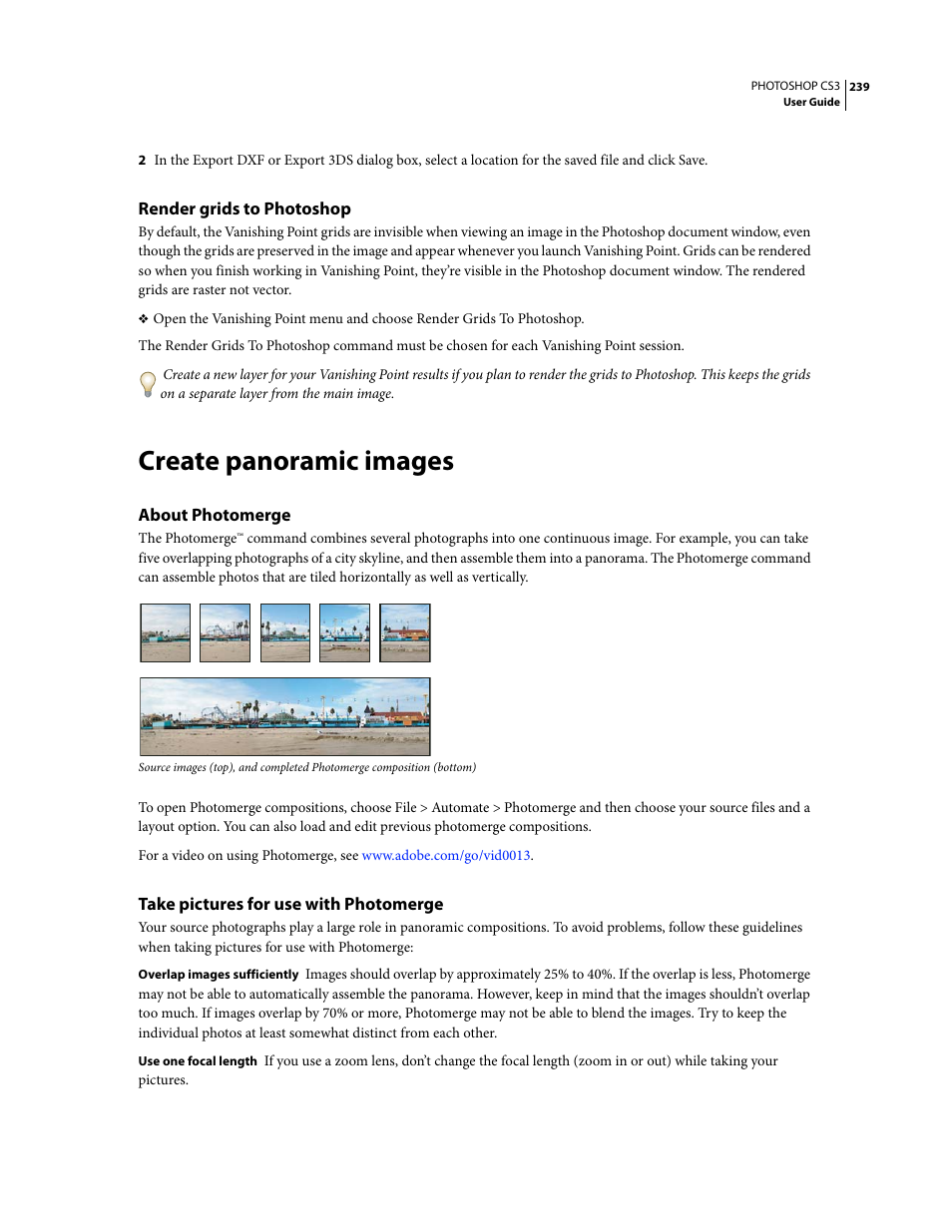 Render grids to photoshop, Create panoramic images, About photomerge | Take pictures for use with photomerge | Adobe Photoshop CS3 User Manual | Page 246 / 681