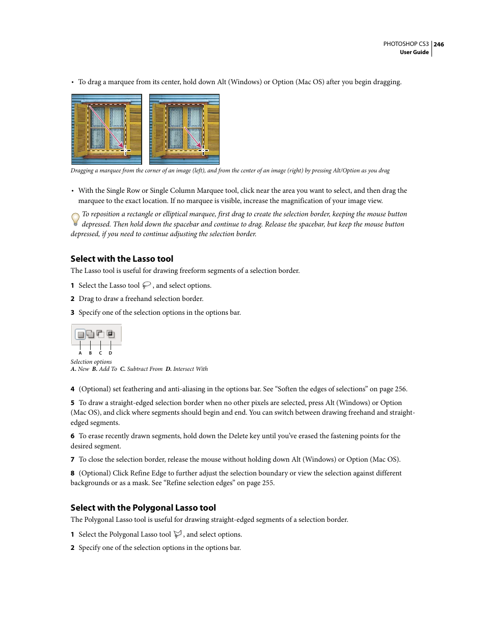 Select with the lasso tool, Select with the polygonal lasso tool | Adobe Photoshop CS3 User Manual | Page 253 / 681