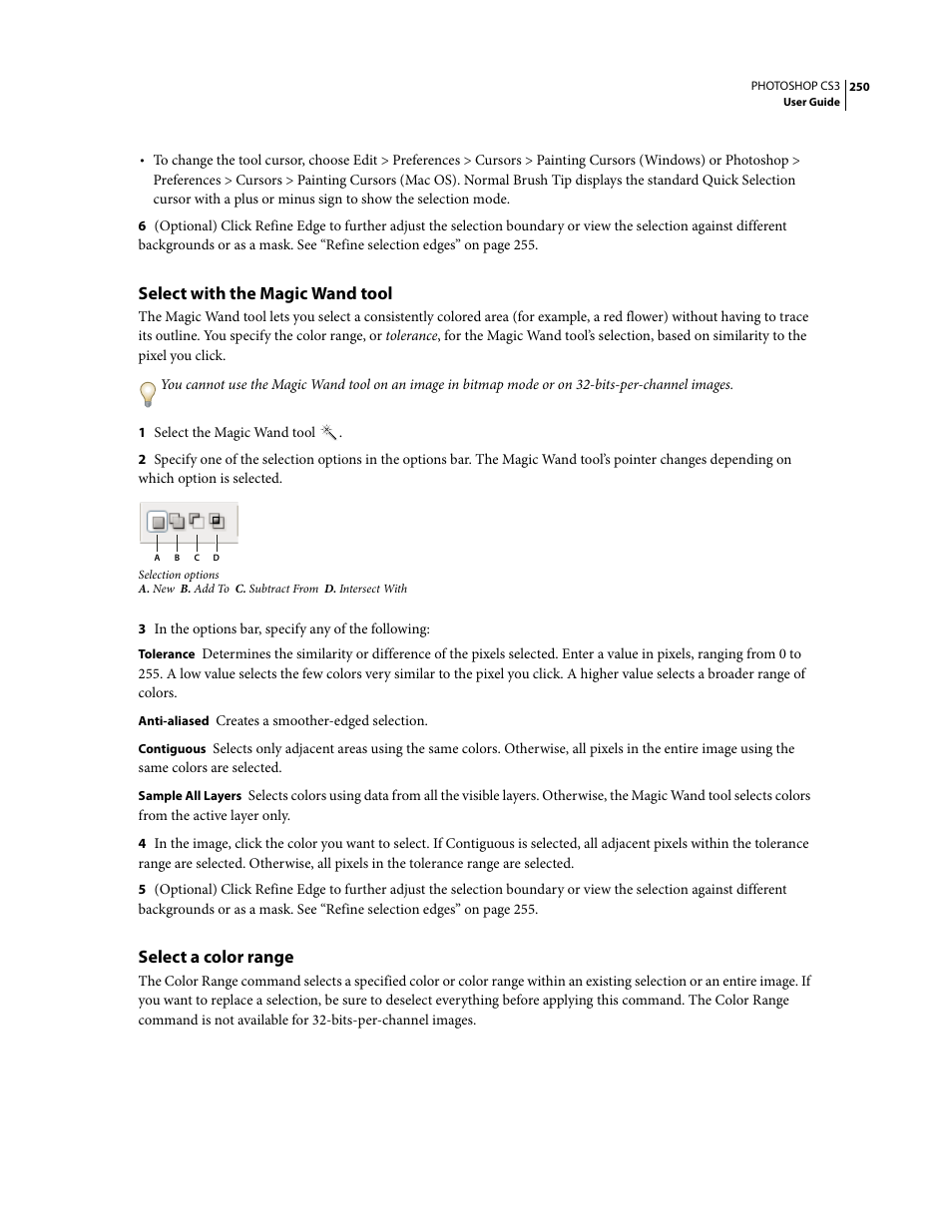 Select with the magic wand tool, Select a color range | Adobe Photoshop CS3 User Manual | Page 257 / 681