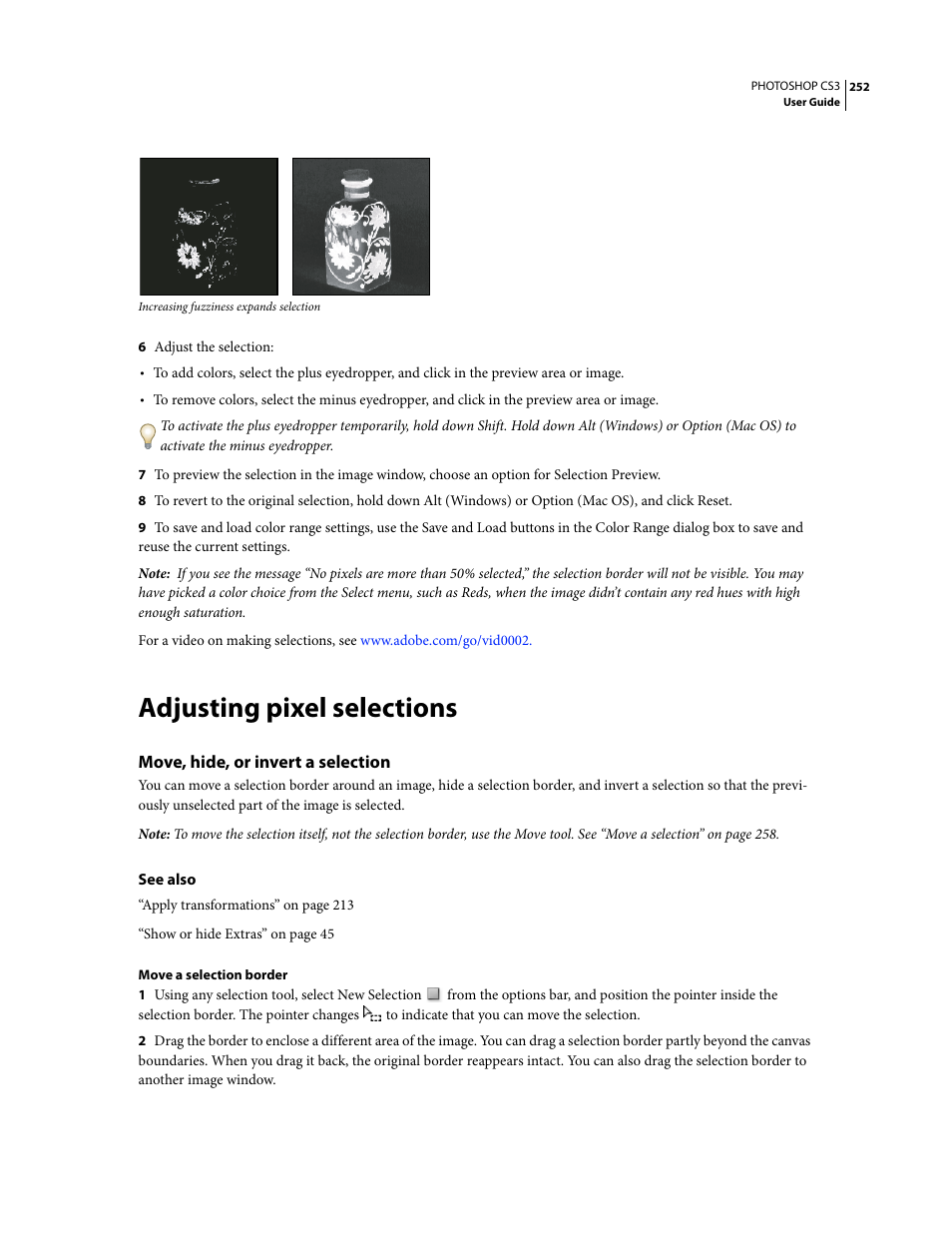 Adjusting pixel selections, Move, hide, or invert a selection | Adobe Photoshop CS3 User Manual | Page 259 / 681