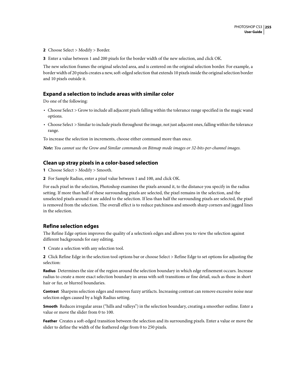 Clean up stray pixels in a color-based selection, Refine selection edges | Adobe Photoshop CS3 User Manual | Page 262 / 681