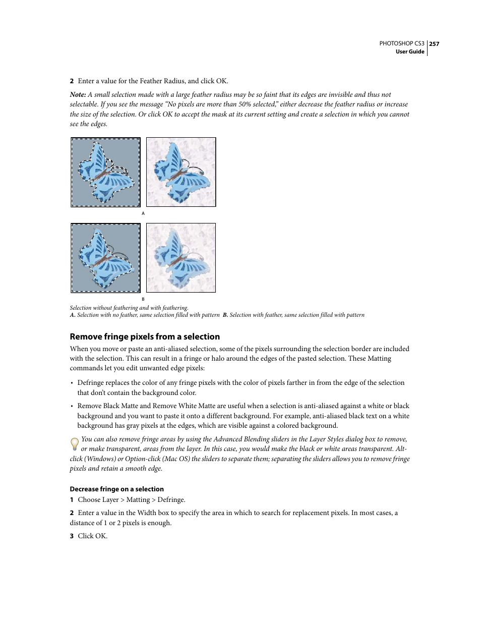 Remove fringe pixels from a selection | Adobe Photoshop CS3 User Manual | Page 264 / 681