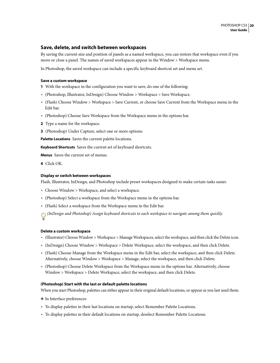 Save, delete, and switch between workspaces | Adobe Photoshop CS3 User Manual | Page 27 / 681