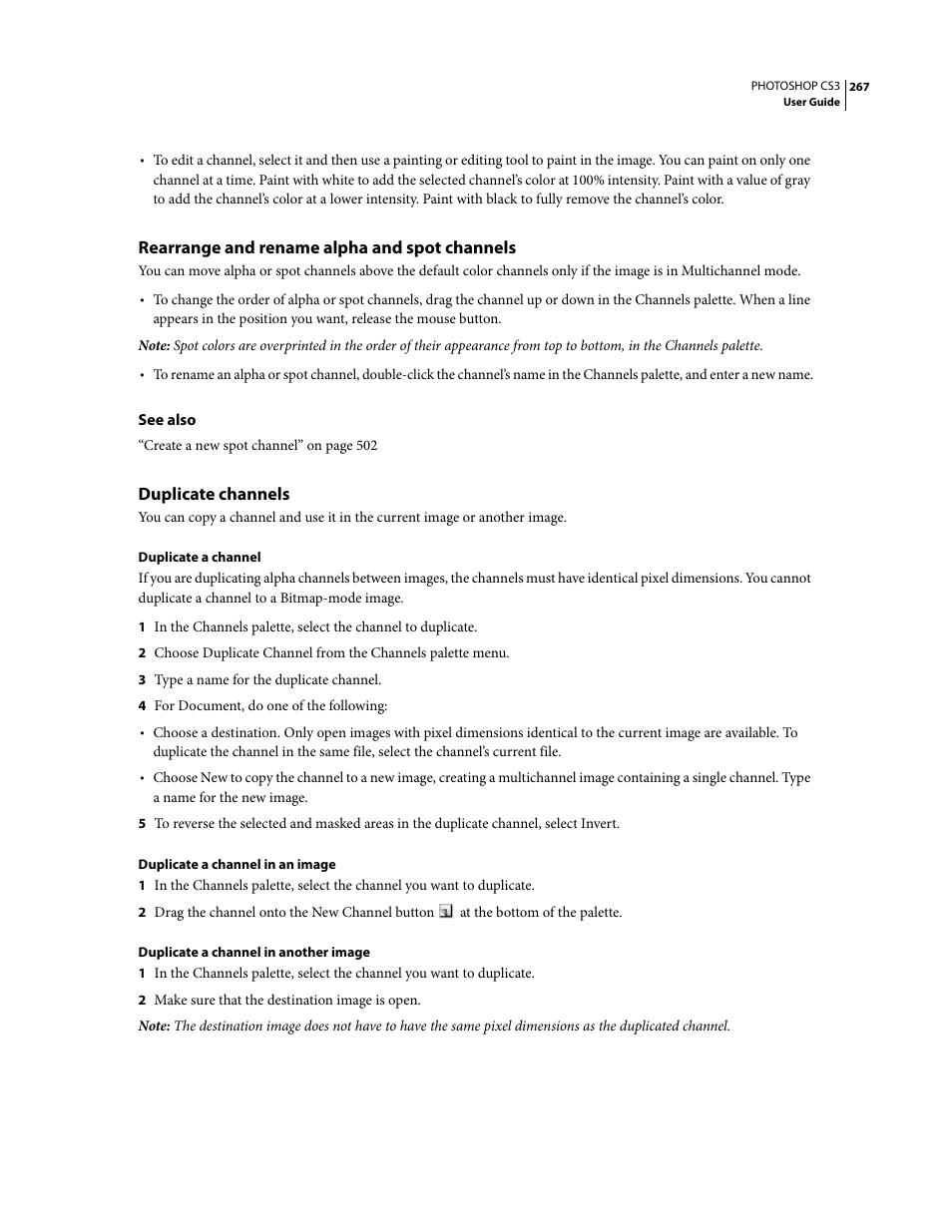 Rearrange and rename alpha and spot channels, Duplicate channels | Adobe Photoshop CS3 User Manual | Page 274 / 681