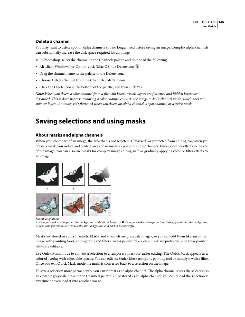 Delete a channel, Saving selections and using masks, About masks and alpha channels | Adobe Photoshop CS3 User Manual | Page 276 / 681