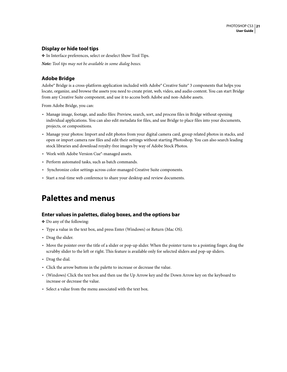 Display or hide tool tips, Adobe bridge, Palettes and menus | Adobe Photoshop CS3 User Manual | Page 28 / 681