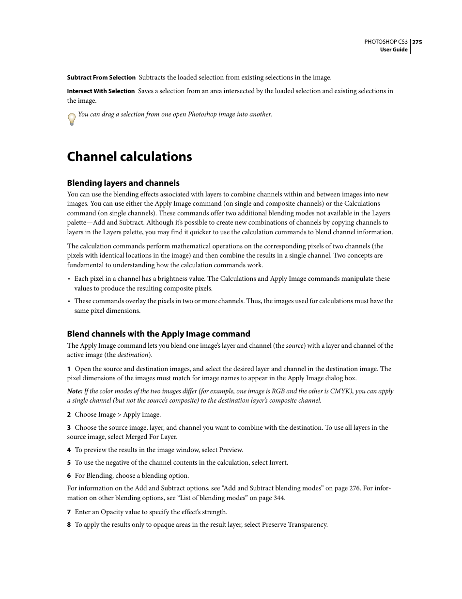 Channel calculations, Blending layers and channels, Blend channels with the apply image command | Adobe Photoshop CS3 User Manual | Page 282 / 681