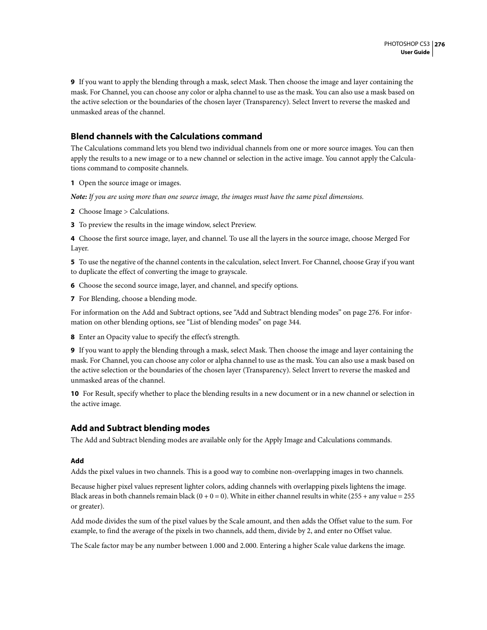 Blend channels with the calculations command, Add and subtract blending modes | Adobe Photoshop CS3 User Manual | Page 283 / 681