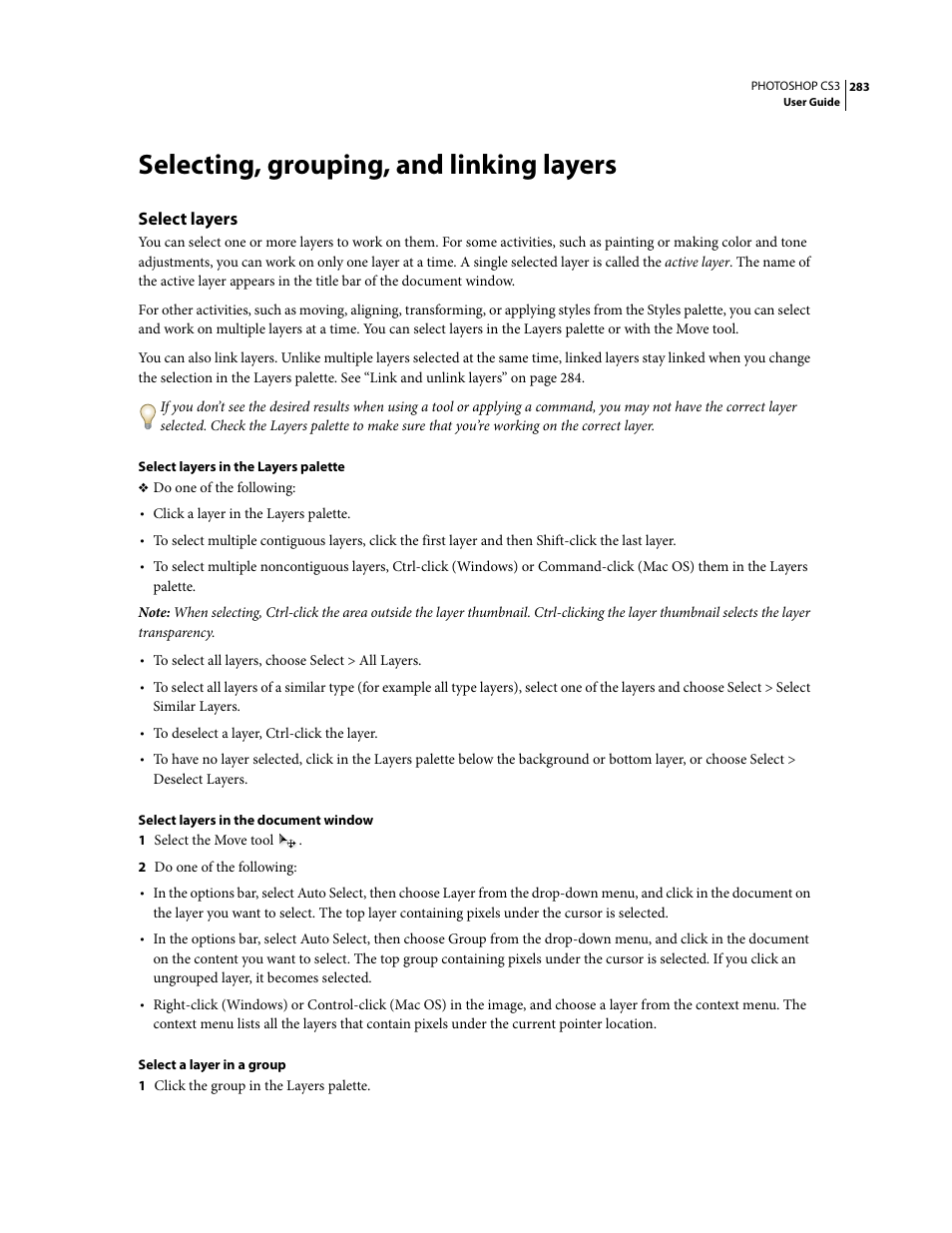 Selecting, grouping, and linking layers, Select layers | Adobe Photoshop CS3 User Manual | Page 290 / 681