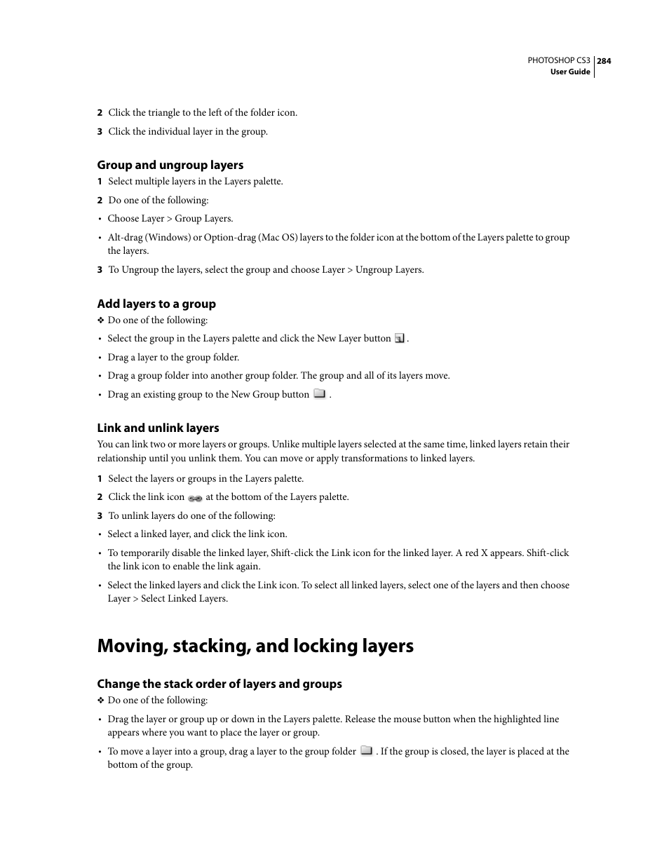 Group and ungroup layers, Add layers to a group, Link and unlink layers | Moving, stacking, and locking layers, Change the stack order of layers and groups | Adobe Photoshop CS3 User Manual | Page 291 / 681