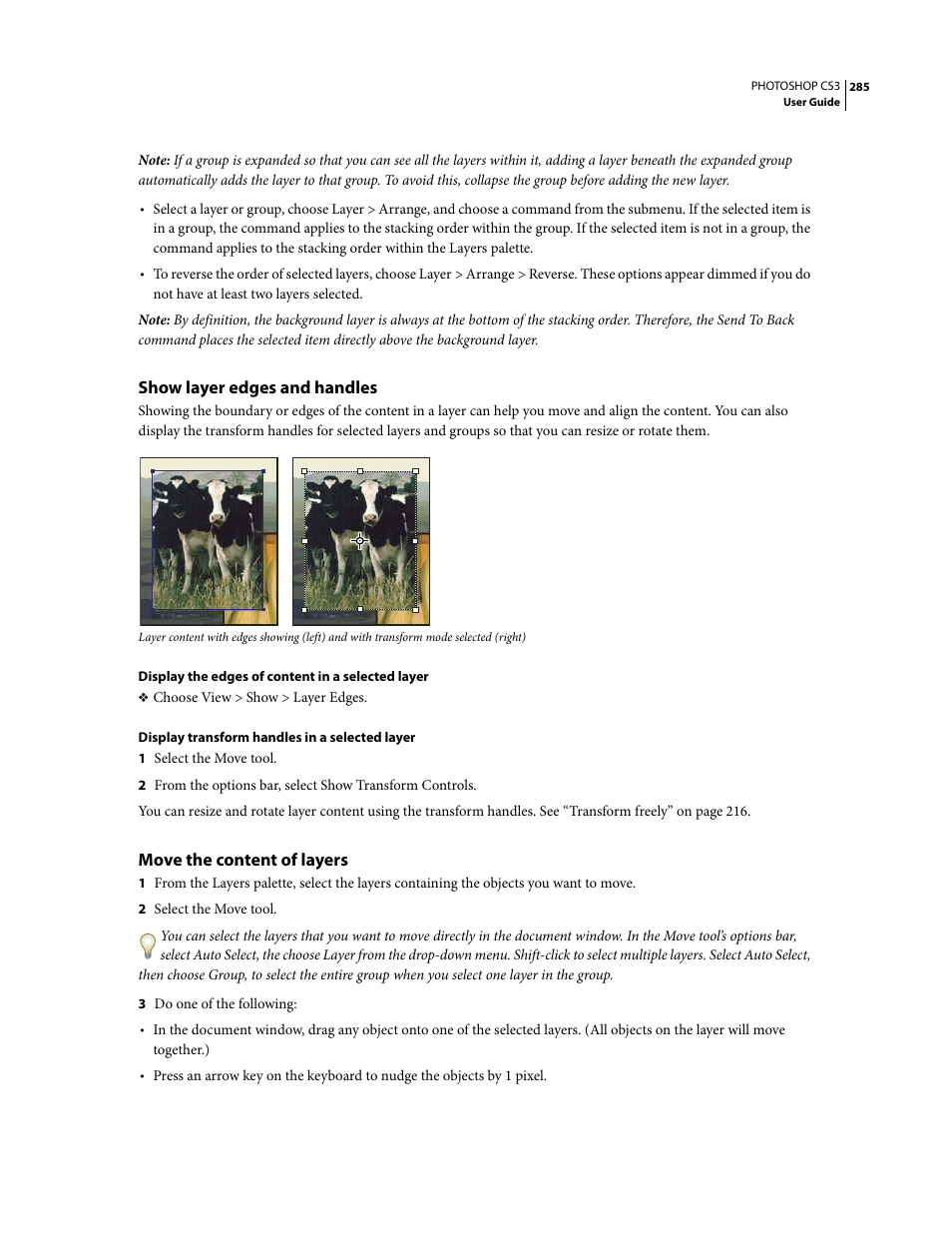 Show layer edges and handles, Move the content of layers | Adobe Photoshop CS3 User Manual | Page 292 / 681