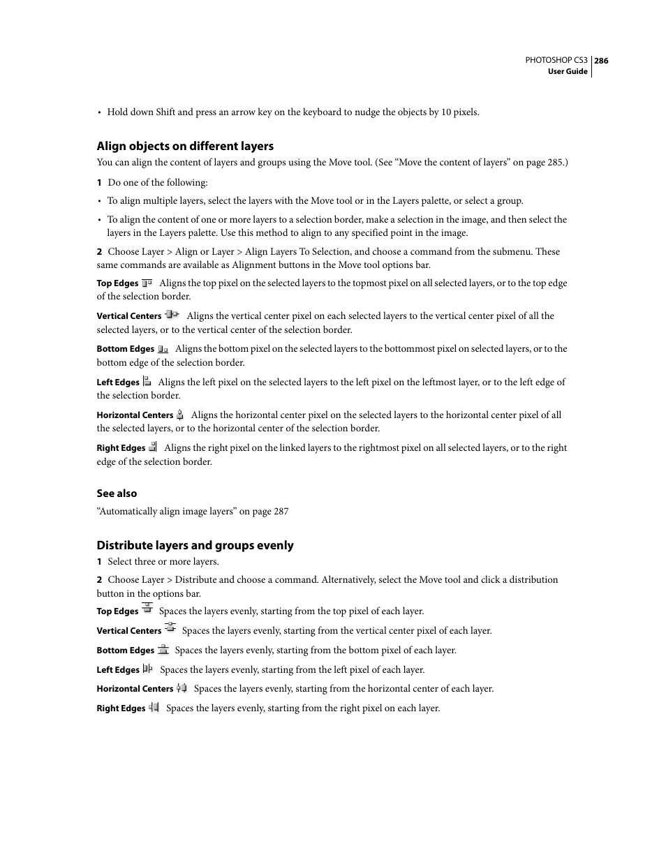 Align objects on different layers, Distribute layers and groups evenly | Adobe Photoshop CS3 User Manual | Page 293 / 681