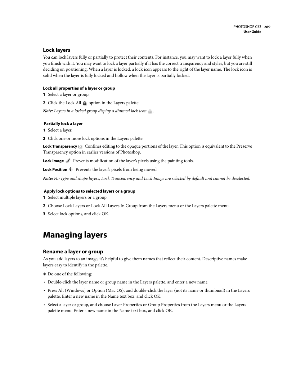 Lock layers, Managing layers, Rename a layer or group | Adobe Photoshop CS3 User Manual | Page 296 / 681