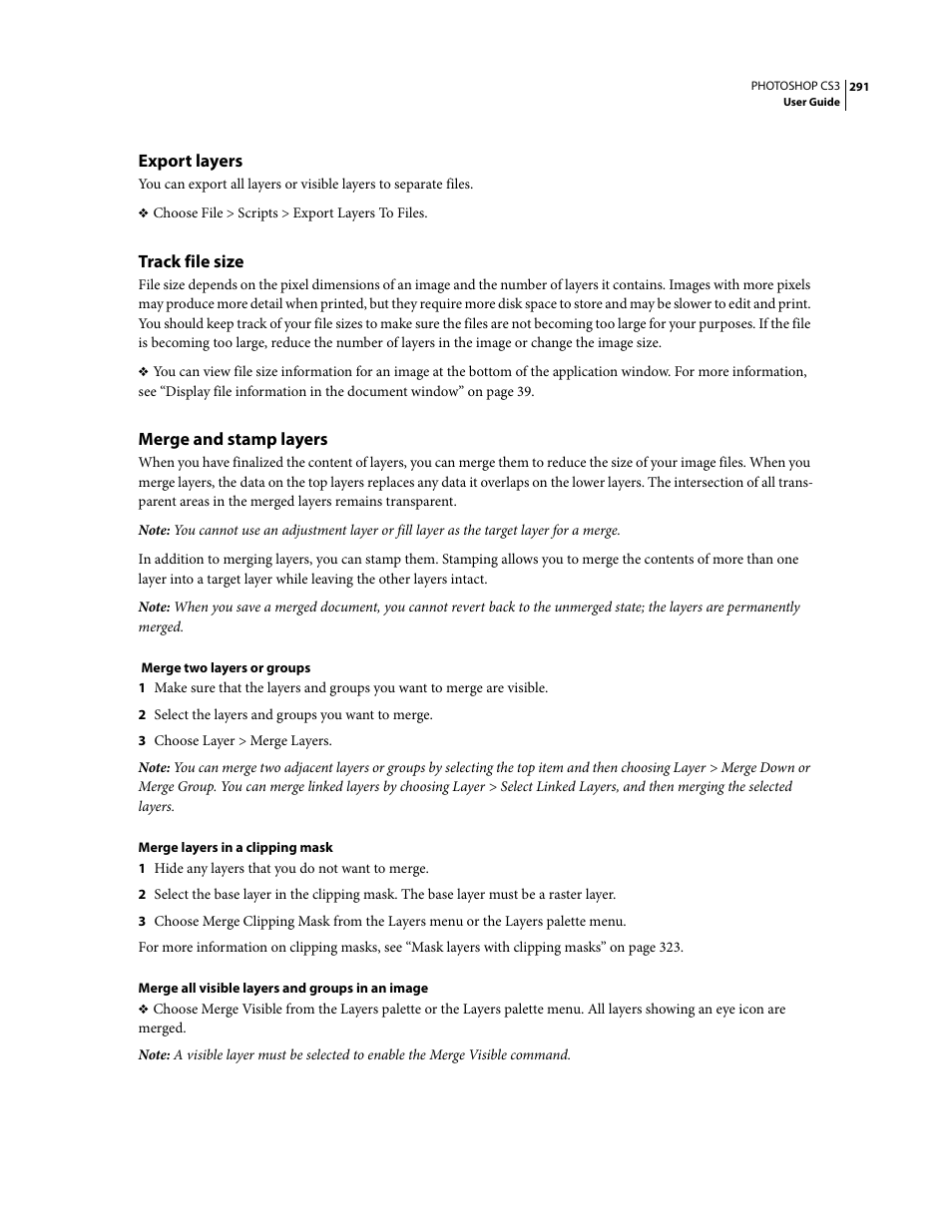 Export layers, Track file size, Merge and stamp layers | Adobe Photoshop CS3 User Manual | Page 298 / 681