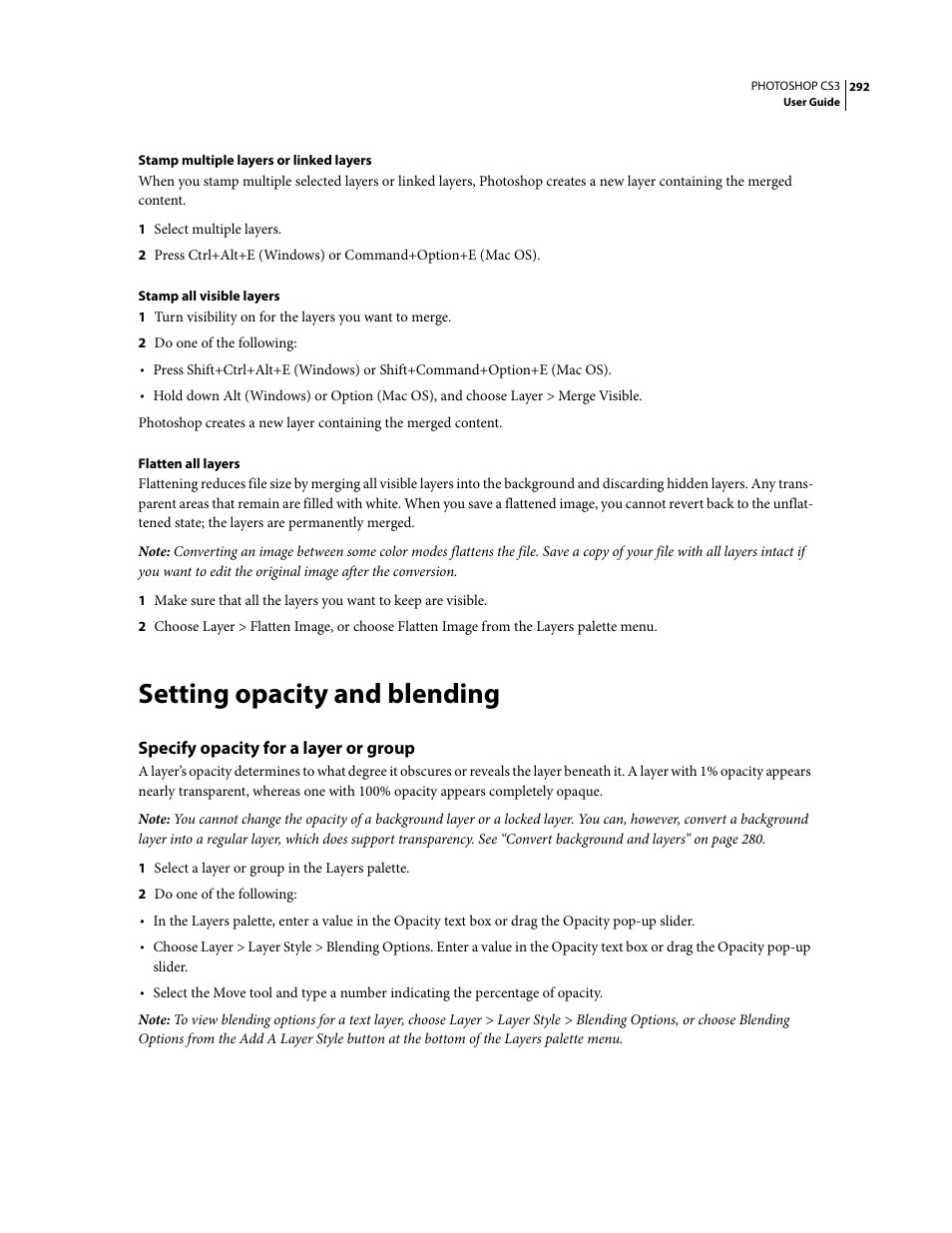 Setting opacity and blending, Specify opacity for a layer or group | Adobe Photoshop CS3 User Manual | Page 299 / 681