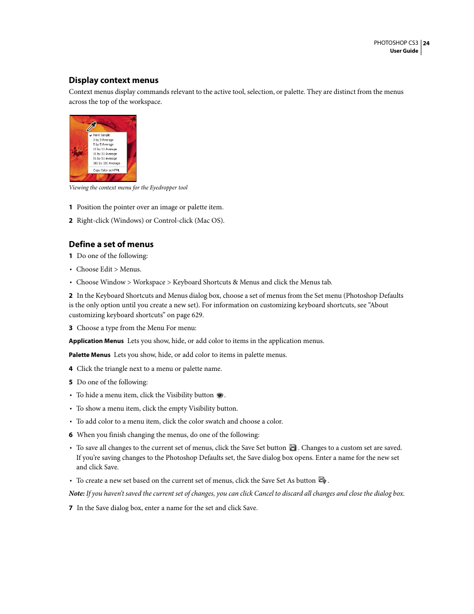Display context menus, Define a set of menus | Adobe Photoshop CS3 User Manual | Page 31 / 681