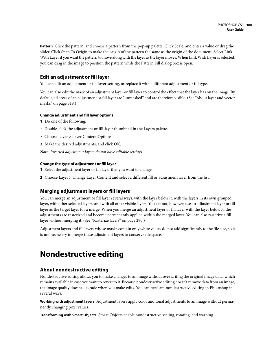 Edit an adjustment or fill layer, Merging adjustment layers or fill layers, Nondestructive editing | About nondestructive editing | Adobe Photoshop CS3 User Manual | Page 315 / 681