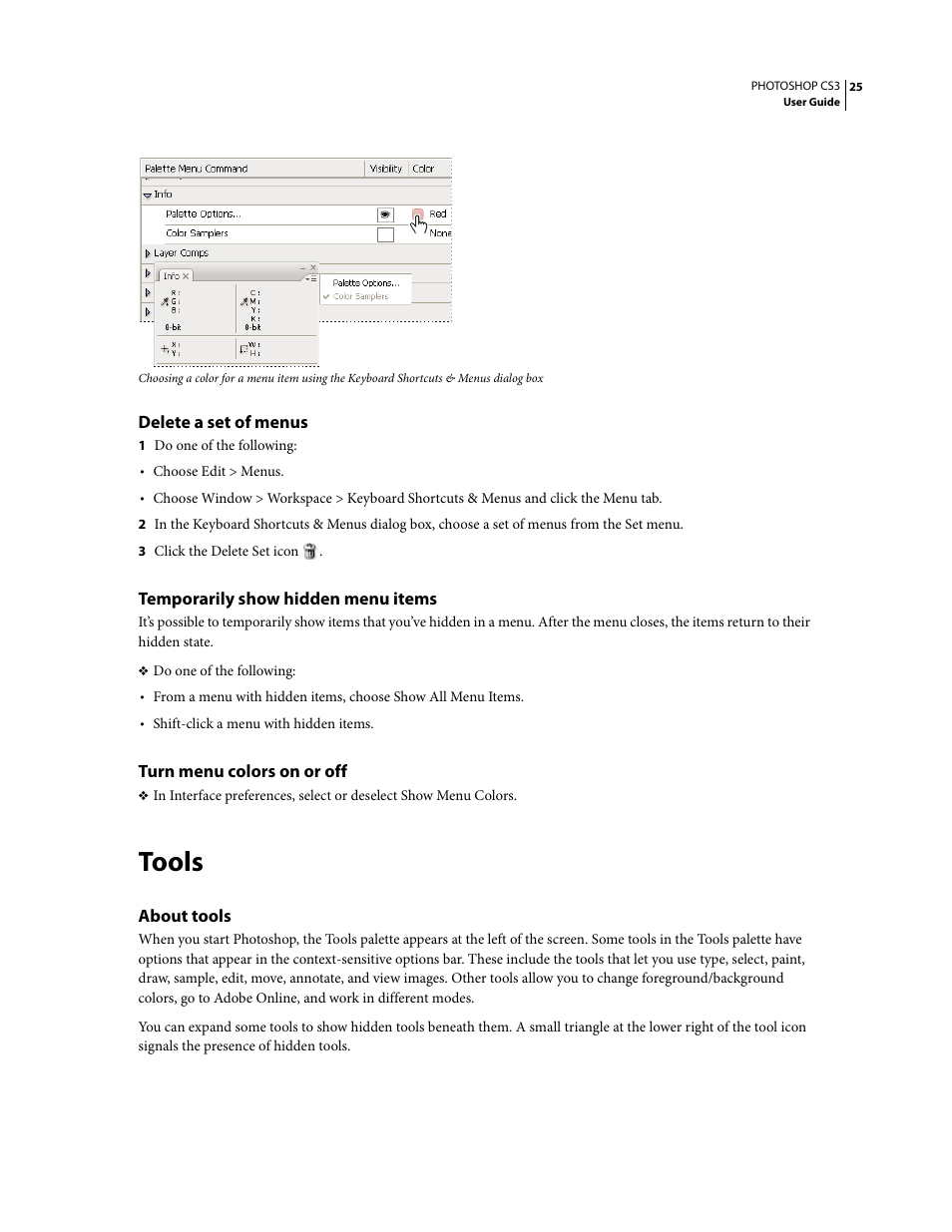 Delete a set of menus, Temporarily show hidden menu items, Turn menu colors on or off | Tools, About tools | Adobe Photoshop CS3 User Manual | Page 32 / 681