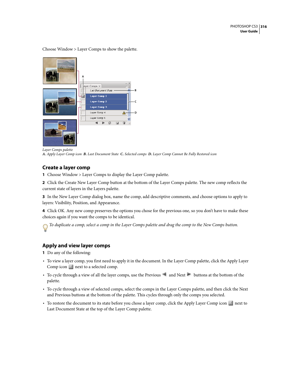 Create a layer comp, Apply and view layer comps | Adobe Photoshop CS3 User Manual | Page 323 / 681