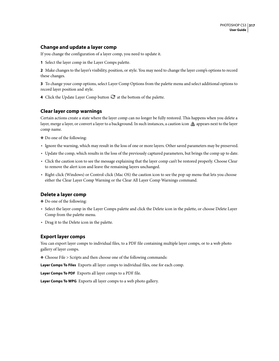 Change and update a layer comp, Clear layer comp warnings, Delete a layer comp | Export layer comps | Adobe Photoshop CS3 User Manual | Page 324 / 681