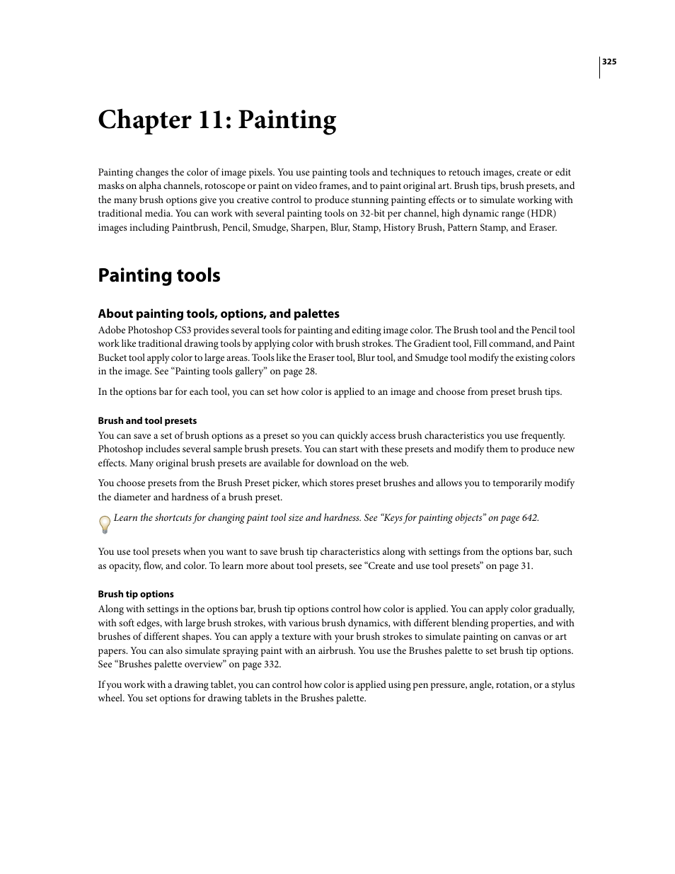 Chapter 11: painting, Painting tools, About painting tools, options, and palettes | Adobe Photoshop CS3 User Manual | Page 332 / 681