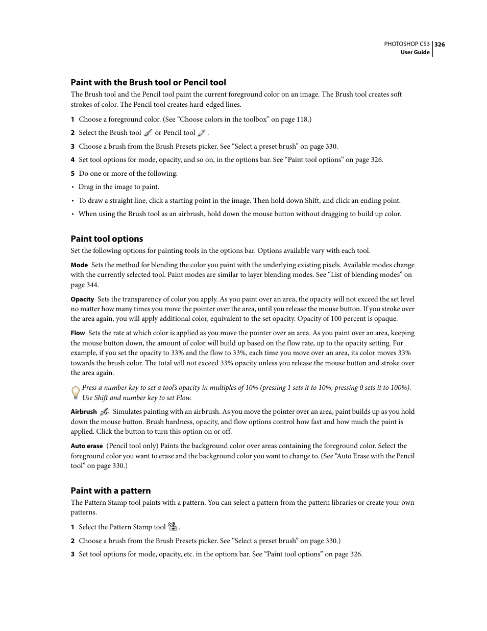 Paint with the brush tool or pencil tool, Paint tool options, Paint with a pattern | Adobe Photoshop CS3 User Manual | Page 333 / 681