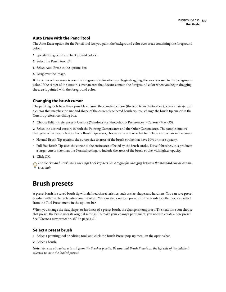 Auto erase with the pencil tool, Changing the brush cursor, Brush presets | Select a preset brush | Adobe Photoshop CS3 User Manual | Page 337 / 681