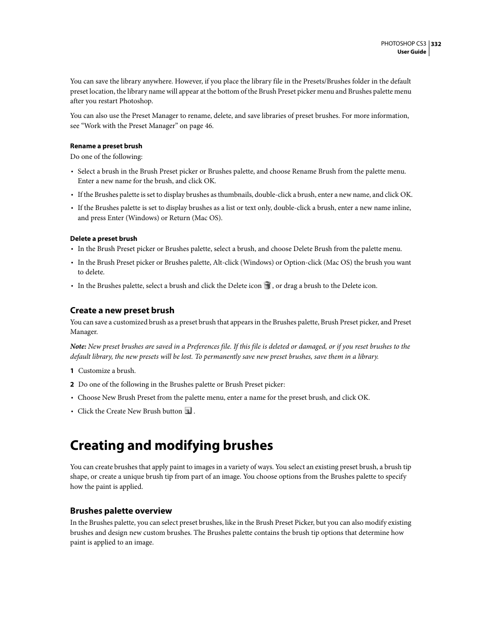 Create a new preset brush, Creating and modifying brushes, Brushes palette overview | Adobe Photoshop CS3 User Manual | Page 339 / 681