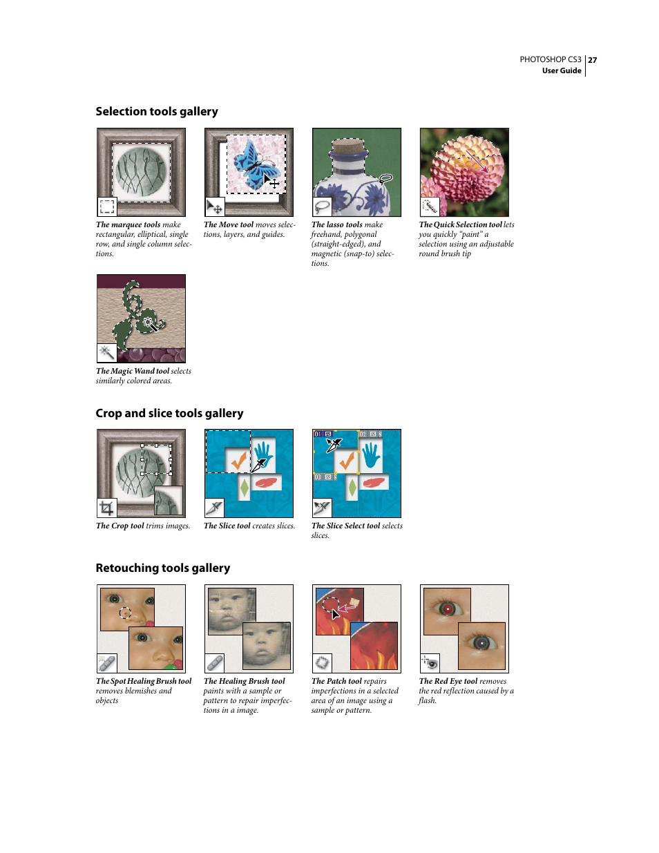 Selection tools gallery, Crop and slice tools gallery, Retouching tools gallery | Adobe Photoshop CS3 User Manual | Page 34 / 681