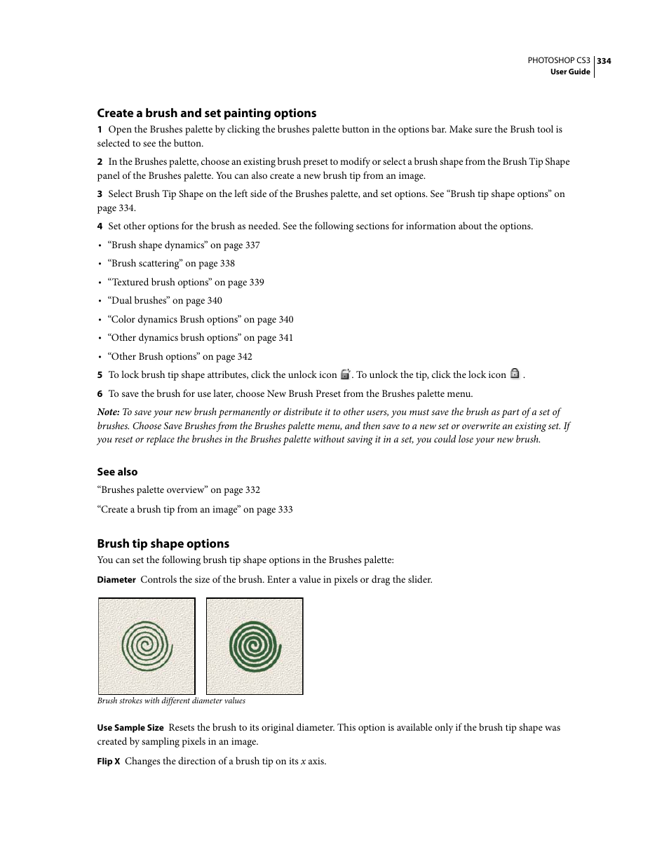 Create a brush and set painting options, Brush tip shape options | Adobe Photoshop CS3 User Manual | Page 341 / 681