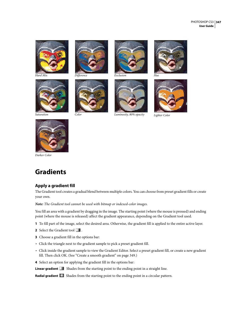 Gradients, Apply a gradient fill | Adobe Photoshop CS3 User Manual | Page 354 / 681